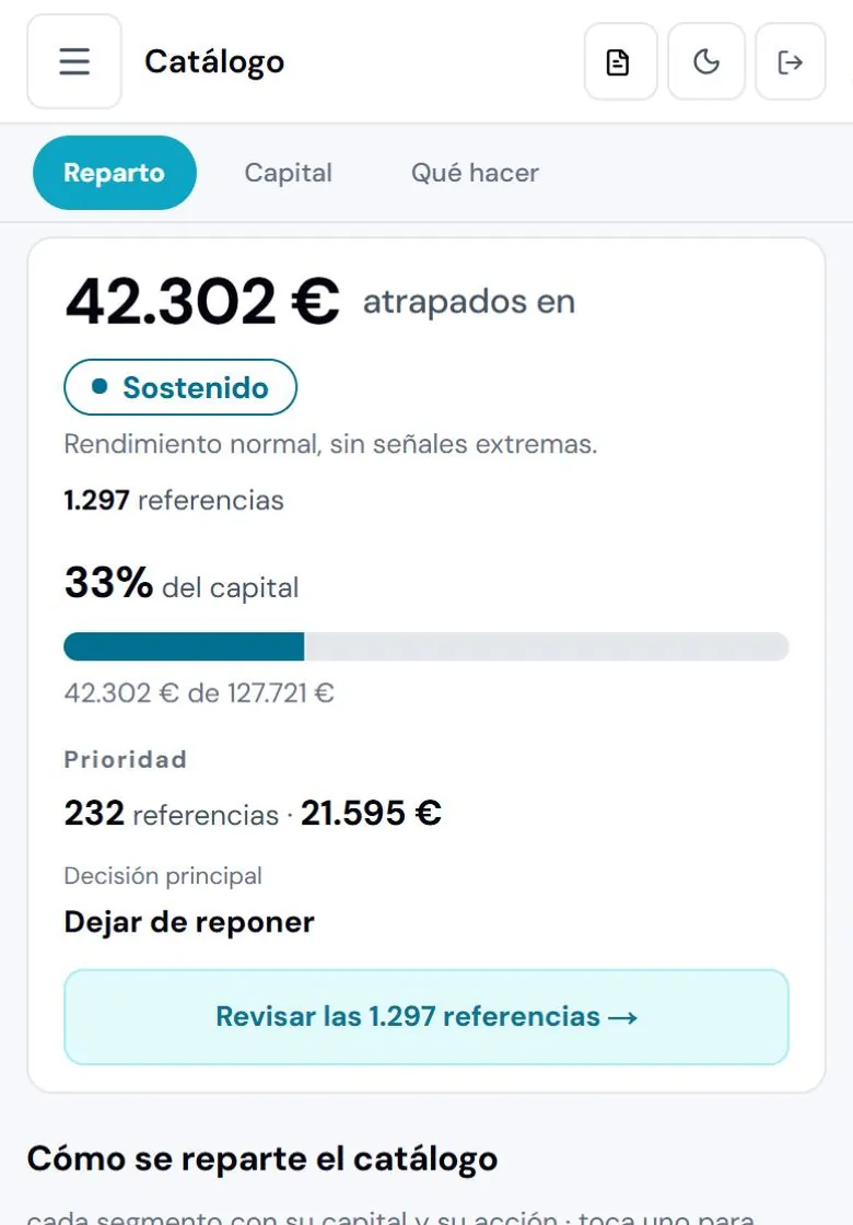 Pantalla Catálogo de ONEXYA con el capital inmovilizado en stock y los segmentos del catálogo.